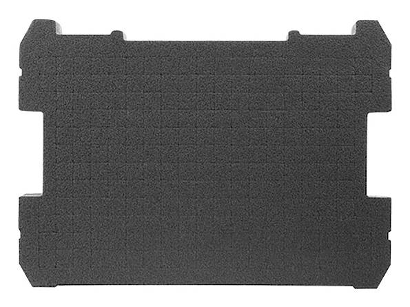 A dense, black foam insert with notched edges and a grid pattern.