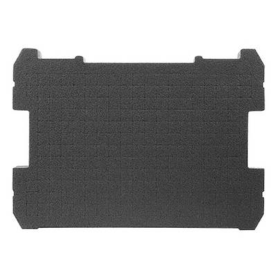 A dense, black foam insert with notched edges and a grid pattern.