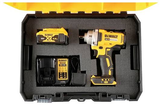 A yellow and black power drill set in a case includes a cordless drill, rechargeable battery, and charger, all secured in foam padding.