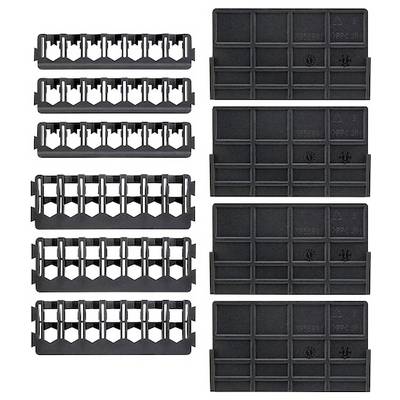 'Black plastic connectors for modular assembly and organization, featuring uniform slots and sturdy construction.'