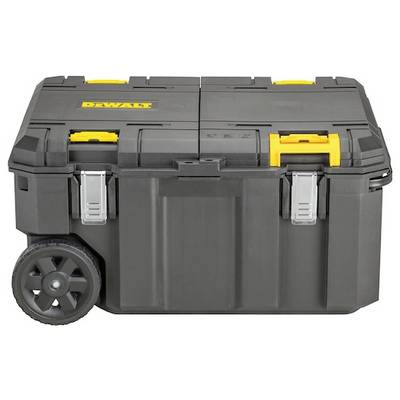 A black and yellow rolling toolbox with a 'DEWALT' logo, metal latches, and sturdy wheels, designed for portable tool storage.