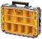 A yellow and transparent plastic tool organizer with a black handle, featuring a 'DeWalt' logo on the front, designed for storage and portability.