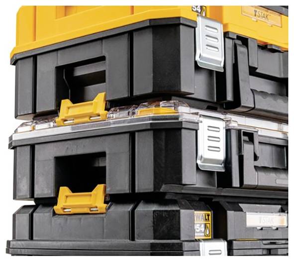 Stacked black and orange toolboxes with metal clasps and transparent lids, featuring storage compartments for organizing tools and accessories.