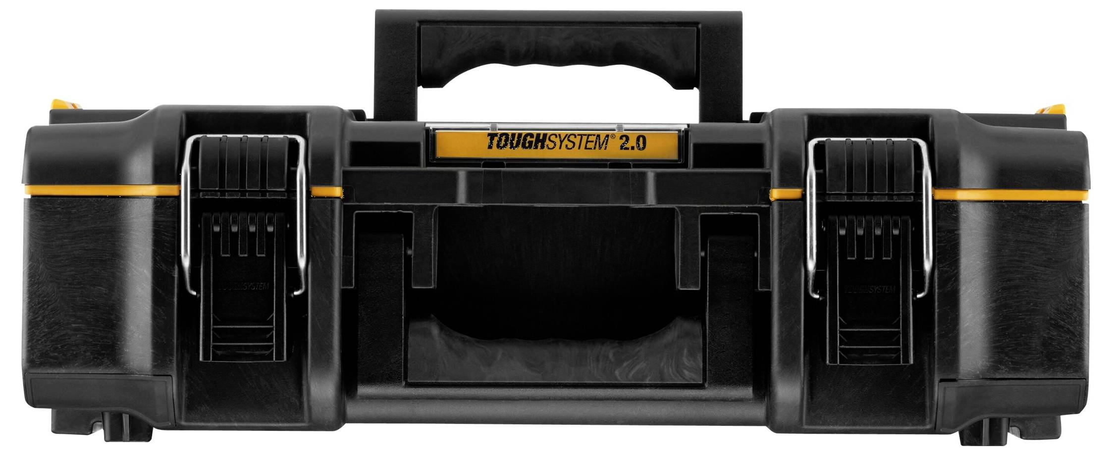 A black and orange toolbox with a handle and secure latches, labeled 'TOUGHSYSTEM 2.0' on the front panel.