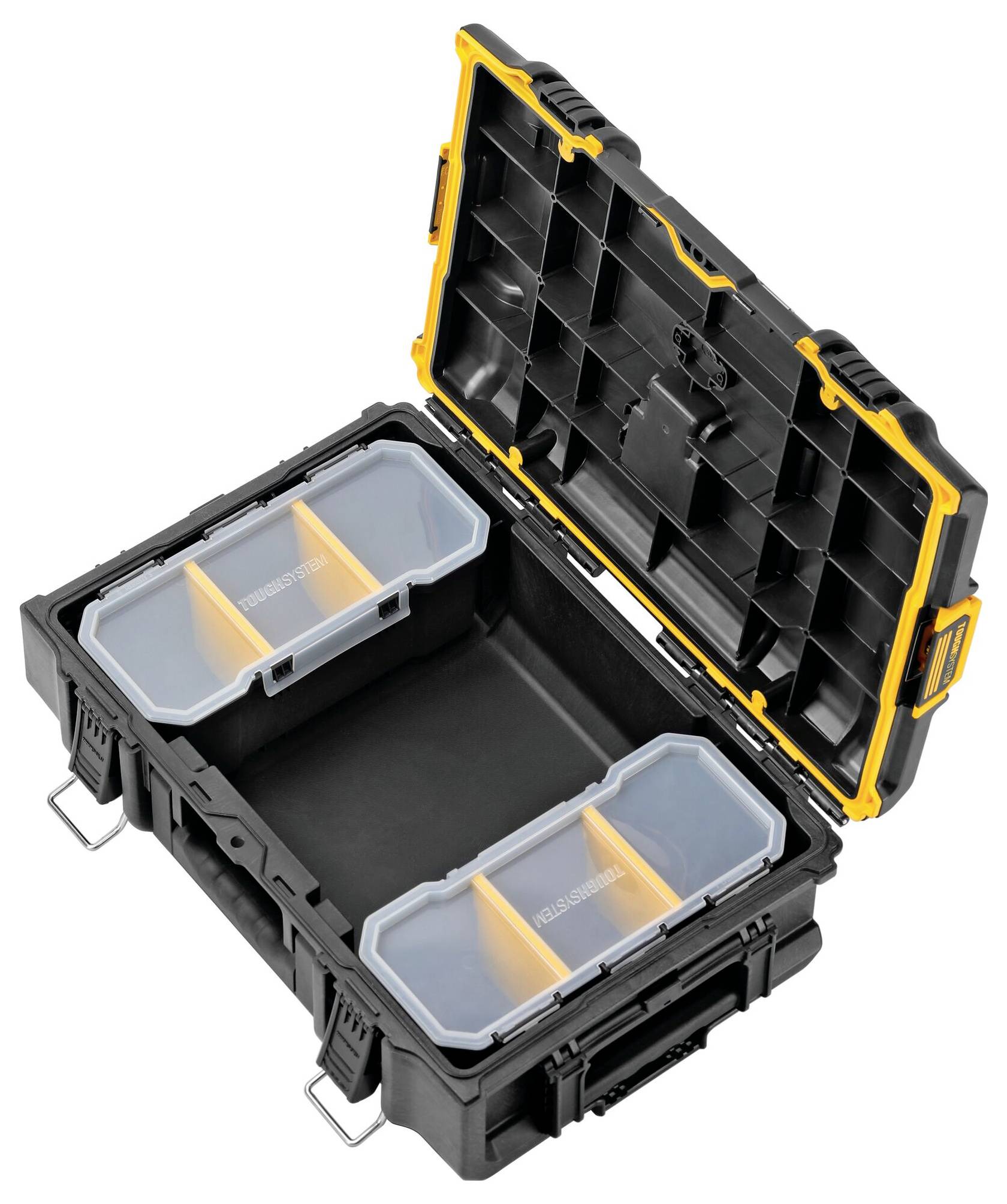 An open black tool box with compartments, yellow highlights, and metal latches, showing two removable transparent organizers inside.