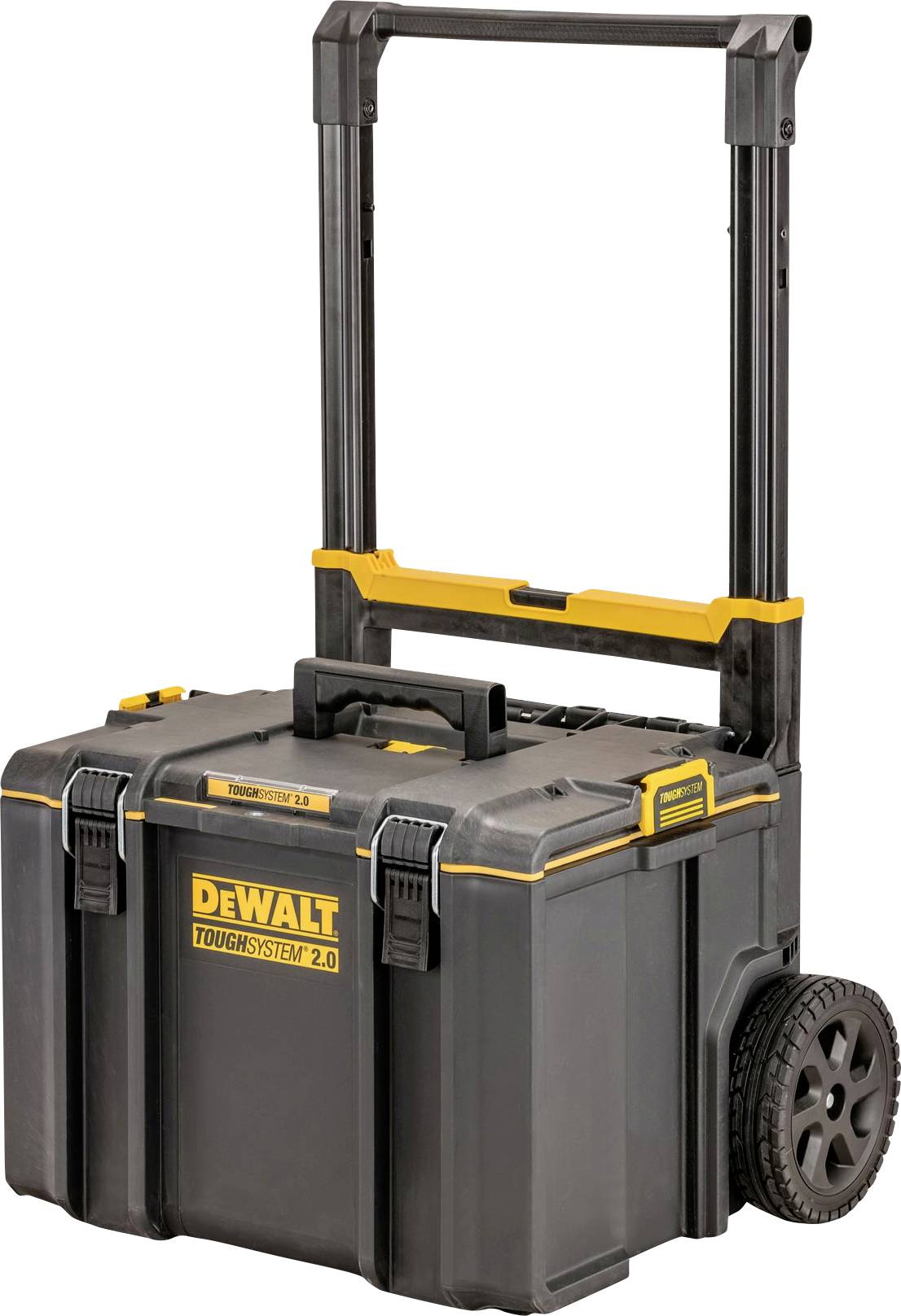 A black and yellow portable tool chest on wheels with a telescopic handle. The branding reads 'DeWalt ToughSystem 2.0.'