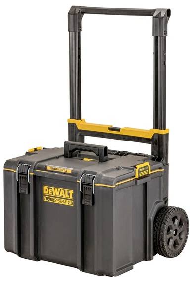 Black and yellow rolling toolbox with 'ToughSystem 2.0' branding, featuring a telescopic handle and sturdy wheels for easy transport.