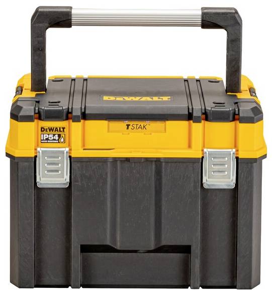 'ToughSystem' branded toolbox with a sturdy handle, black and yellow design, and metal latches. Suitable for organizing and transporting tools.
