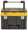 'ToughSystem' branded toolbox with a sturdy handle, black and yellow design, and metal latches. Suitable for organizing and transporting tools.