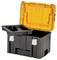 A black and orange toolbox with an open lid revealing a removable tray with compartments for organizing tools.