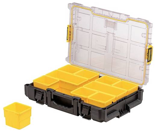 A black and yellow tool organizer with a clear lid, featuring multiple compartments for storage.