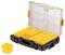 A black and yellow tool organizer with a clear lid, featuring multiple compartments for storage.