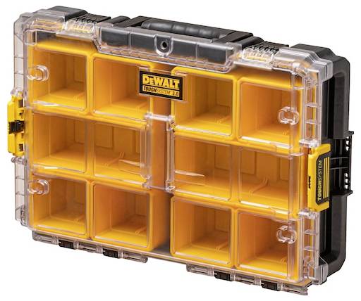 A yellow and black tool organizer with a transparent lid displaying nine compartments for storage. The brand 'DEWALT' is visible on the lid.