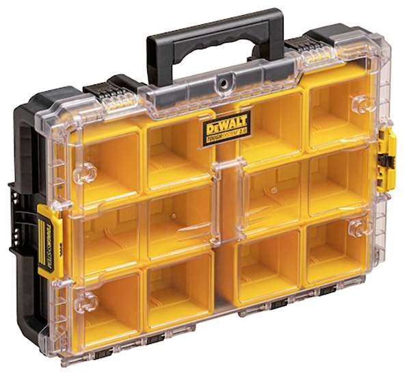 A yellow and black plastic organizer case with a clear lid, featuring multiple compartments for storage and a handle for carrying.