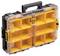 A yellow and black plastic organizer case with a clear lid, featuring multiple compartments for storage and a handle for carrying.