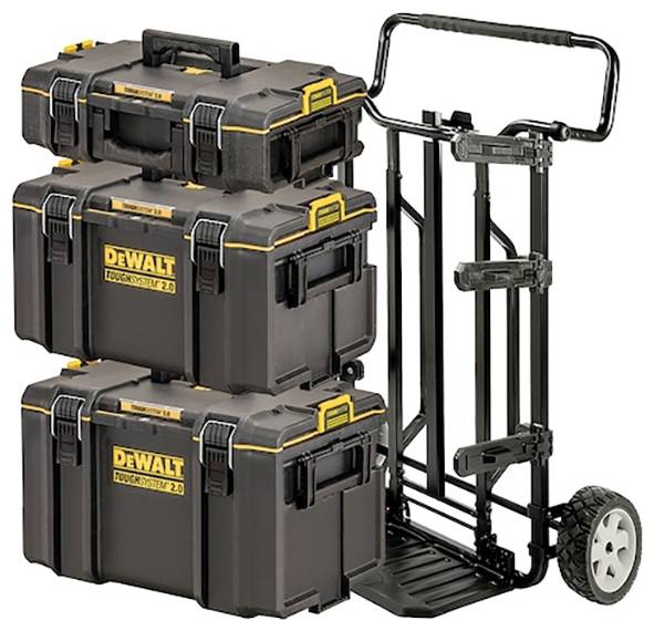 Three stacked black toolboxes labeled 'TOUGHTSYSTEM 2.0' on a black hand truck with large wheels and a handle.