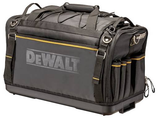A black DeWalt tool bag with multiple side pockets, sturdy straps, and a zipper closure, designed for carrying and organizing tools.