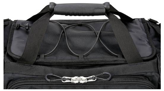 Black duffel bag with multiple zippers and handles, featuring a reinforced grip and bungee cord detail on top.