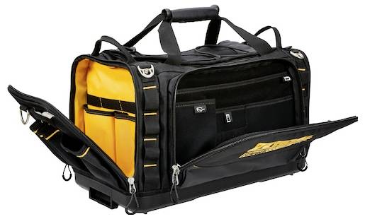 A black and yellow tool bag with multiple compartments and zippers, designed for organizing and carrying various tools effectively.