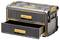 'Black and yellow tough system toolbox with two labeled drawers, one open and one closed, featuring sturdy latches and a top handle.'