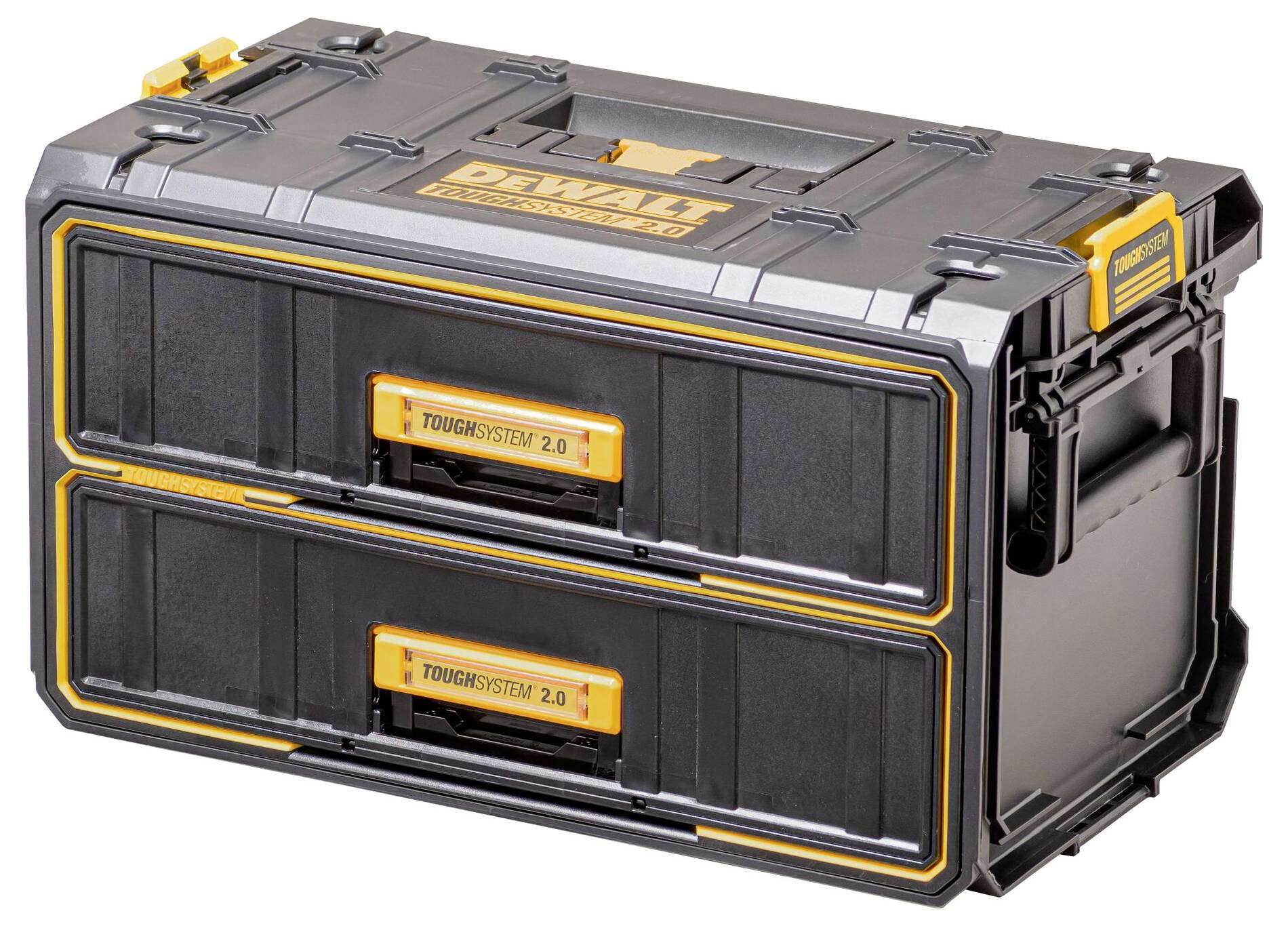 A black and yellow tool storage box with two drawers labeled 'TOUGHSYSTEM 2.0'. Rugged design for organizing and transporting tools.