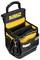 A black and yellow DEWALT tool bag with multiple compartments, handle, and slots for storing tools, against a plain background.