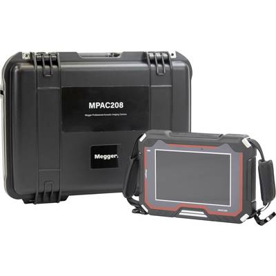 'MPAC208 Megger Professional Acoustic Imaging Camera' showing a black protective case and a handheld device with a screen and controls.