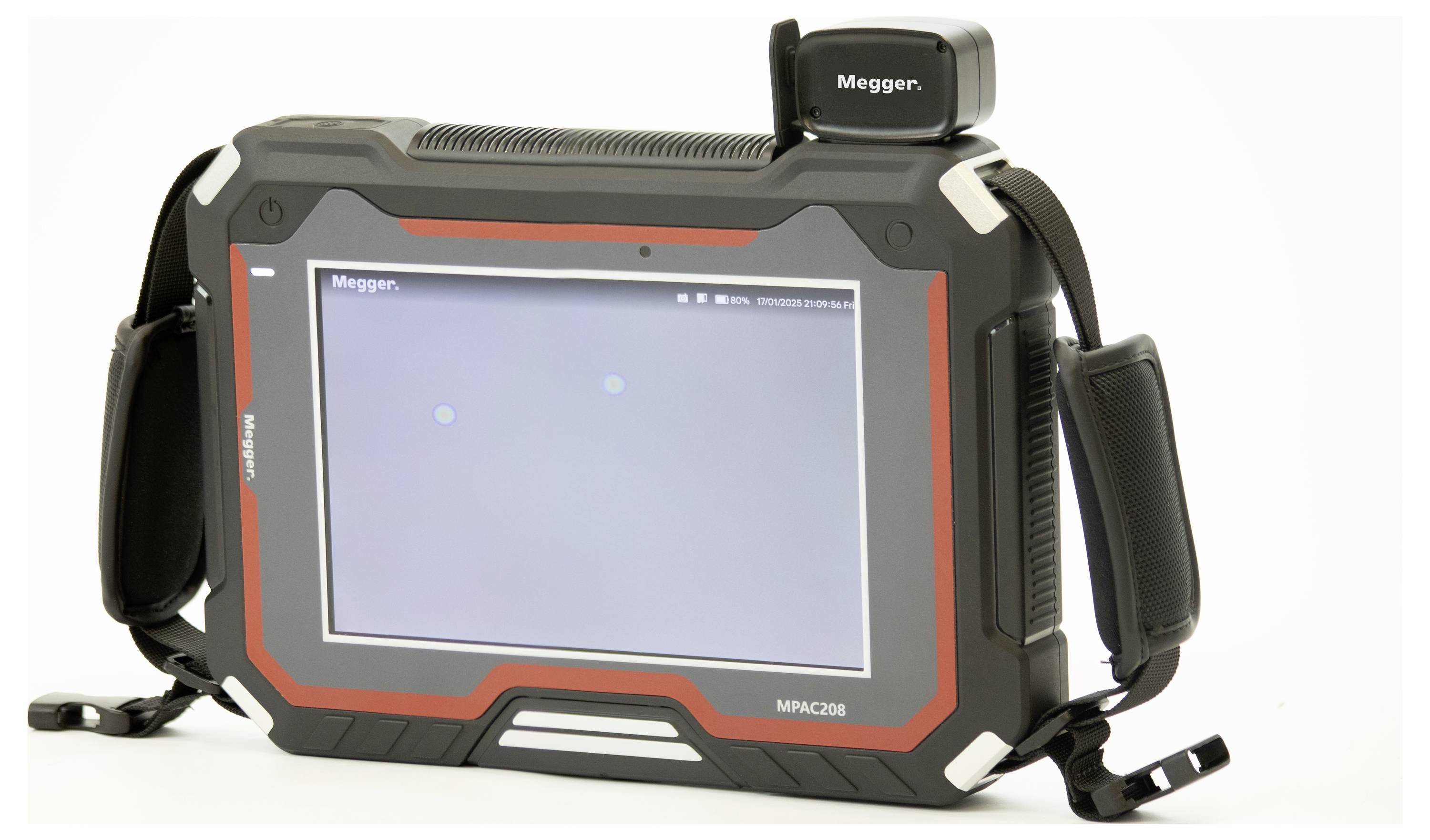 A handheld electronic device with a large screen and shoulder straps, branded 'Megger', possibly used for testing or diagnostics.