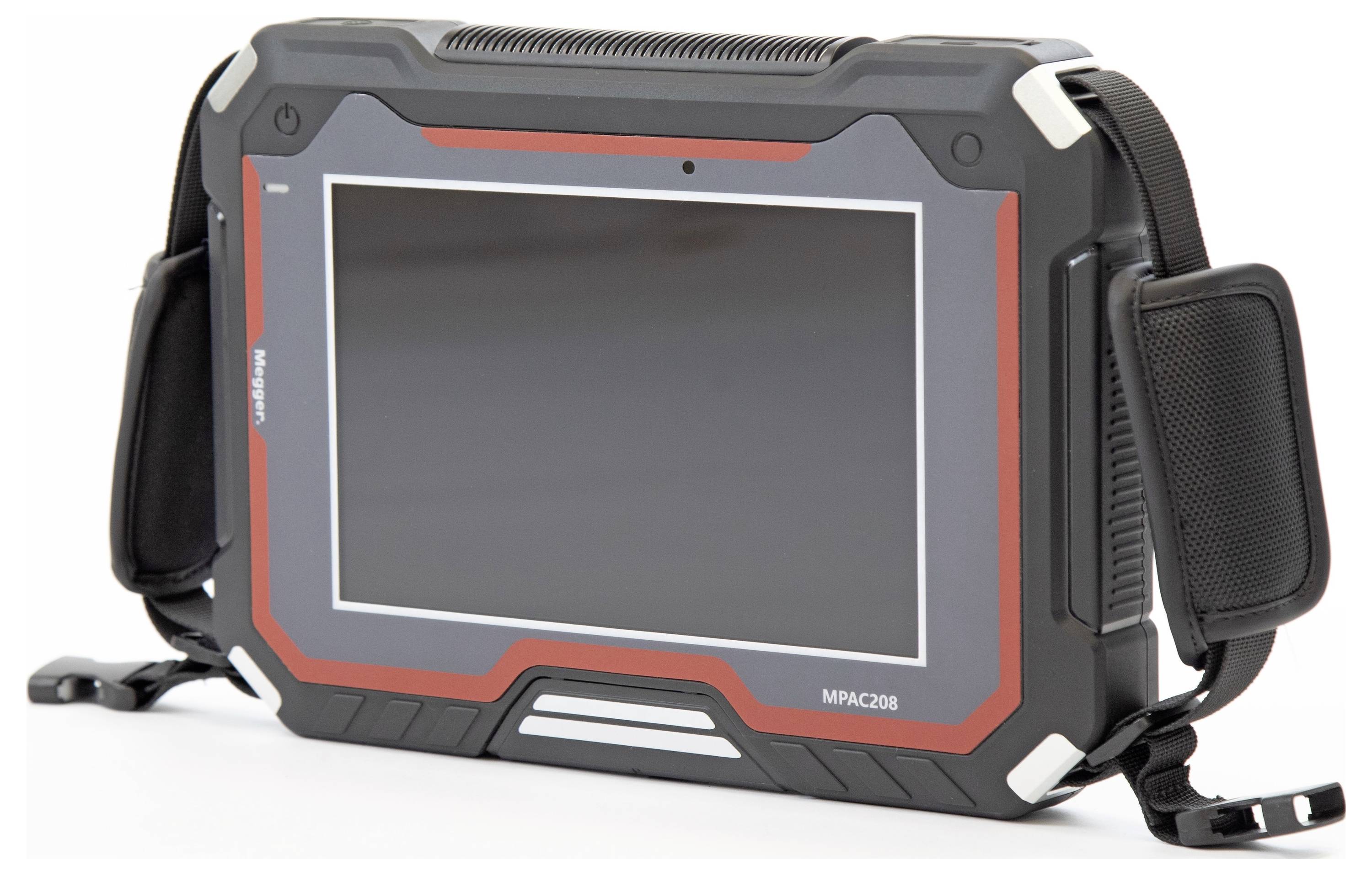 A rugged tablet with a thick protective casing and straps attached, suitable for industrial or outdoor use.