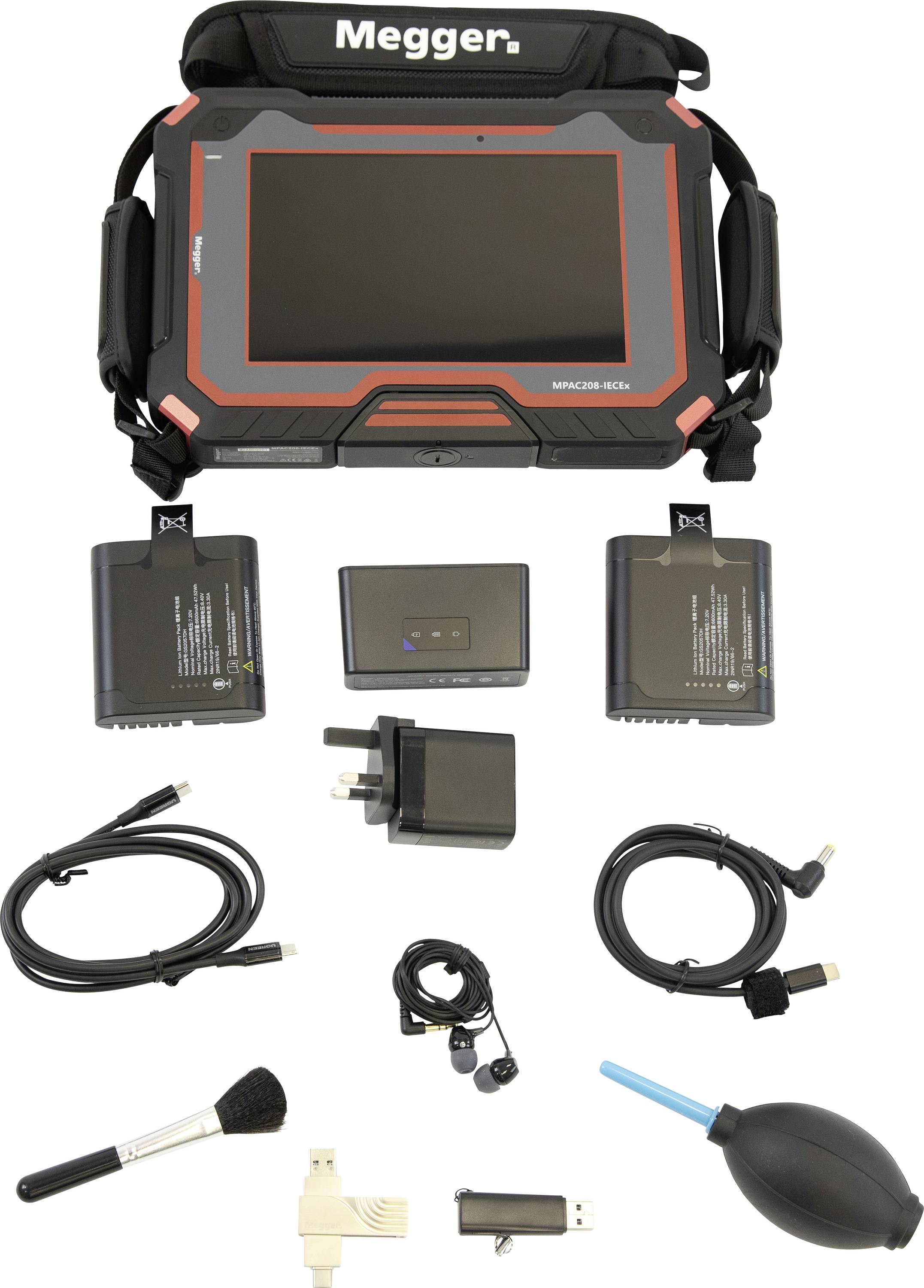 'Electrical test kit with handheld device, two batteries, charger, cables, brush, plug adapter, USB, earpiece, and air blower.'