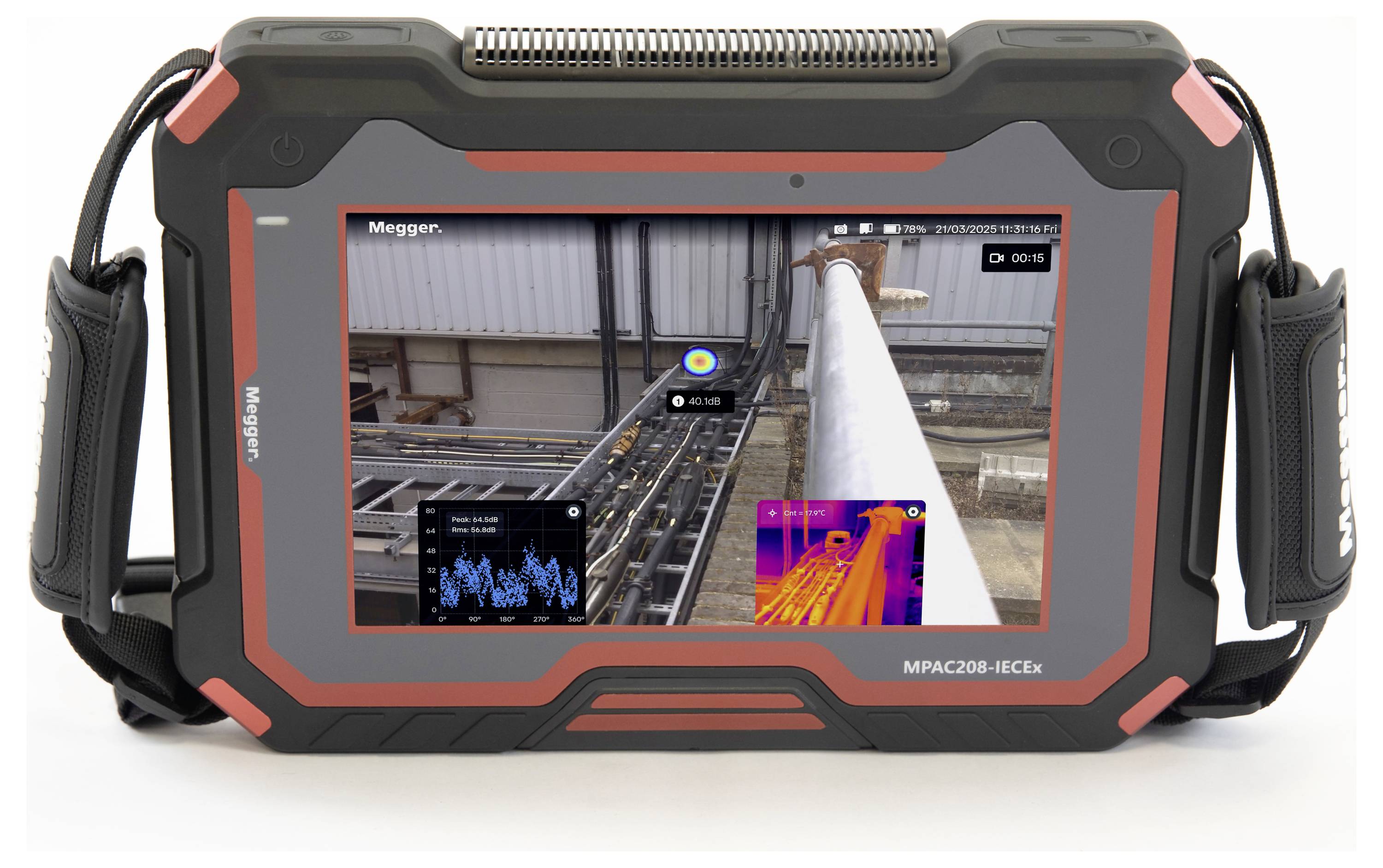 Handheld device with a screen displaying thermal and standard images of industrial machinery, showcasing 'Megger' brand.