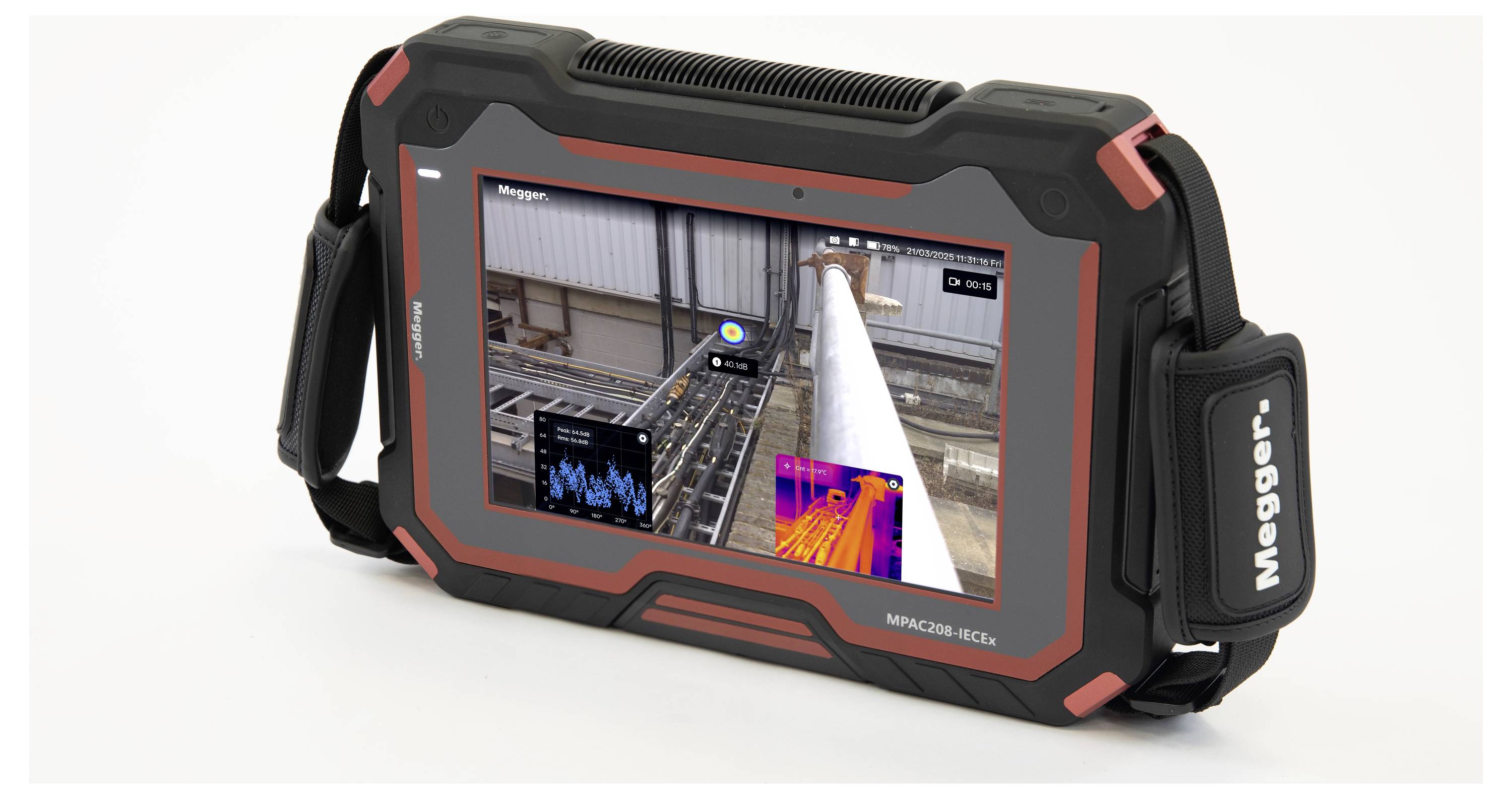 A handheld device displaying various diagnostic screens, including charts and thermal imaging, used for electrical testing and analysis.