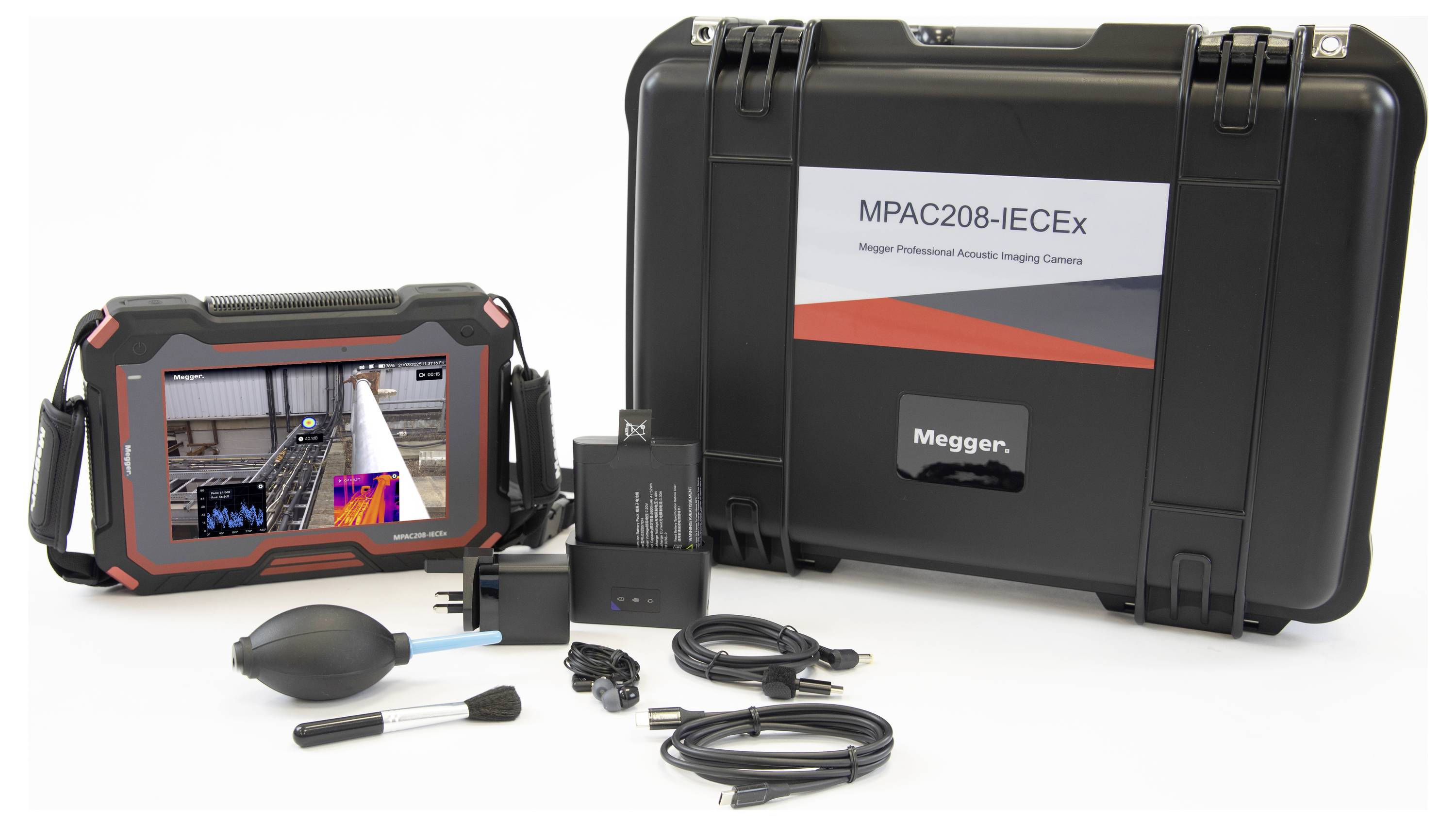 'Megger MPAC208-IECEx' kit with thermal imaging camera, cables, charger, blower, and brush, all placed next to a labeled hard case.