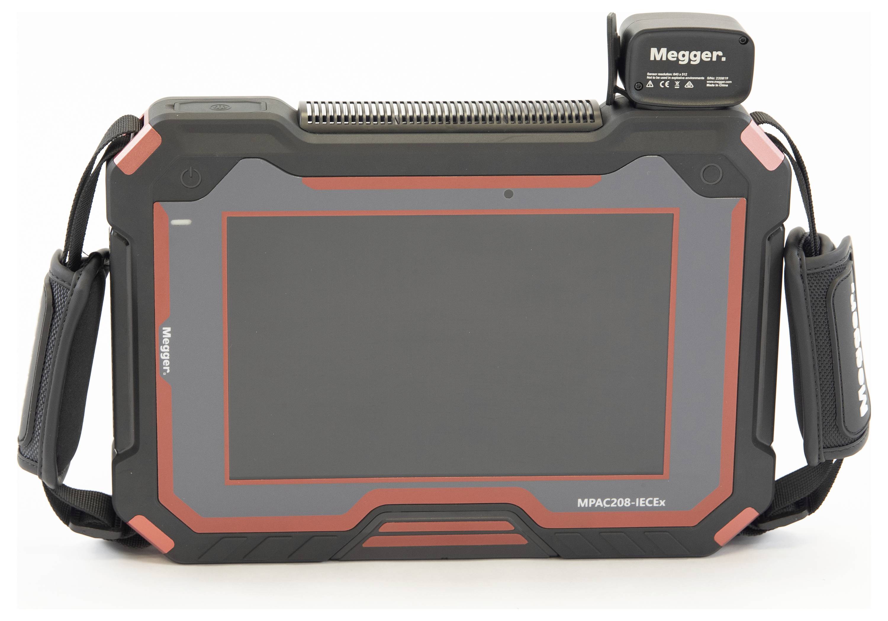A rugged, tablet-style device with a large screen surrounded by thick casing, branded 'Megger', used for electrical testing and diagnostics.