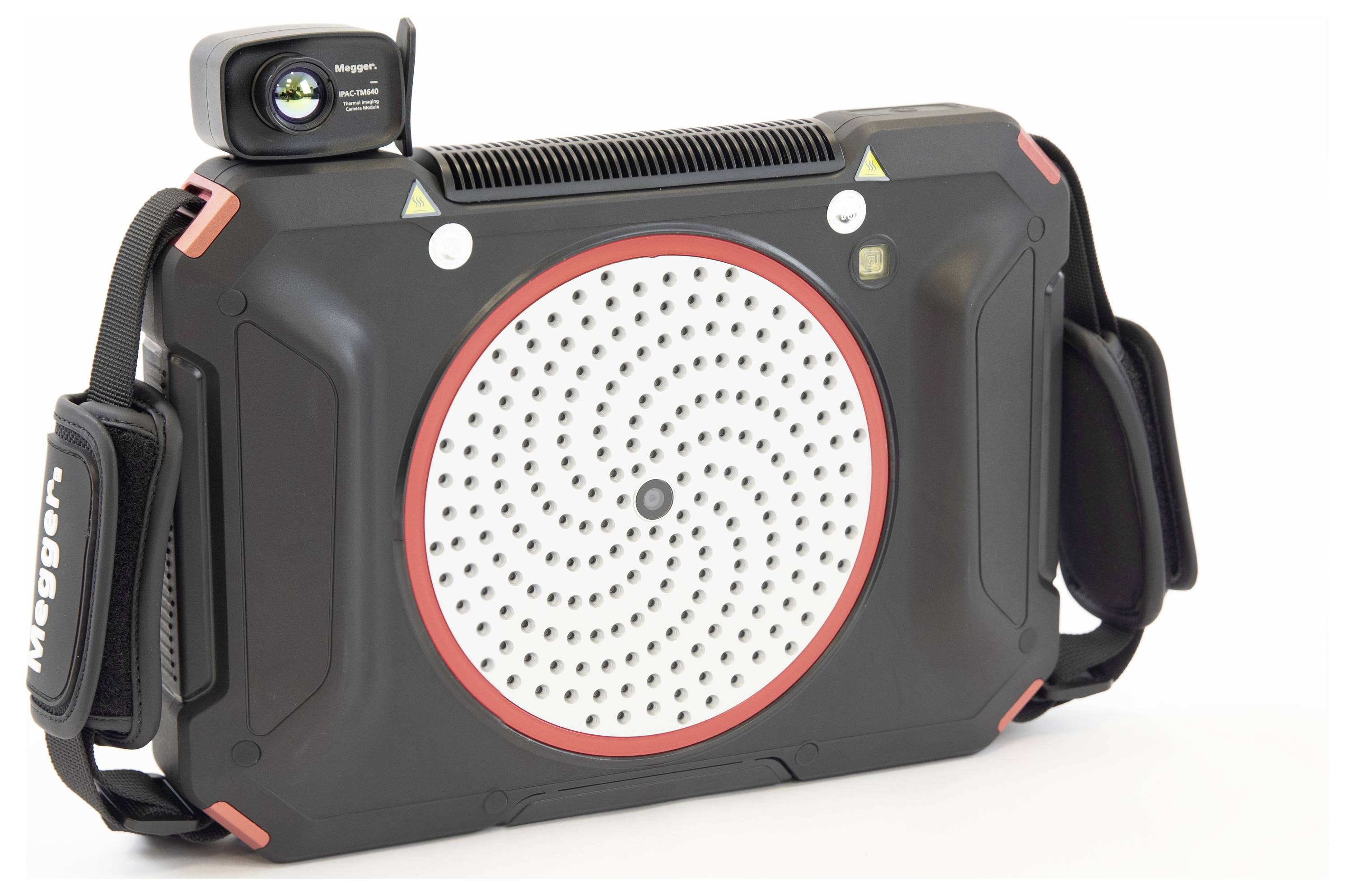 A rugged, portable laser scanner with a large circular scanning surface and a small display, designed for capturing 3D measurements.