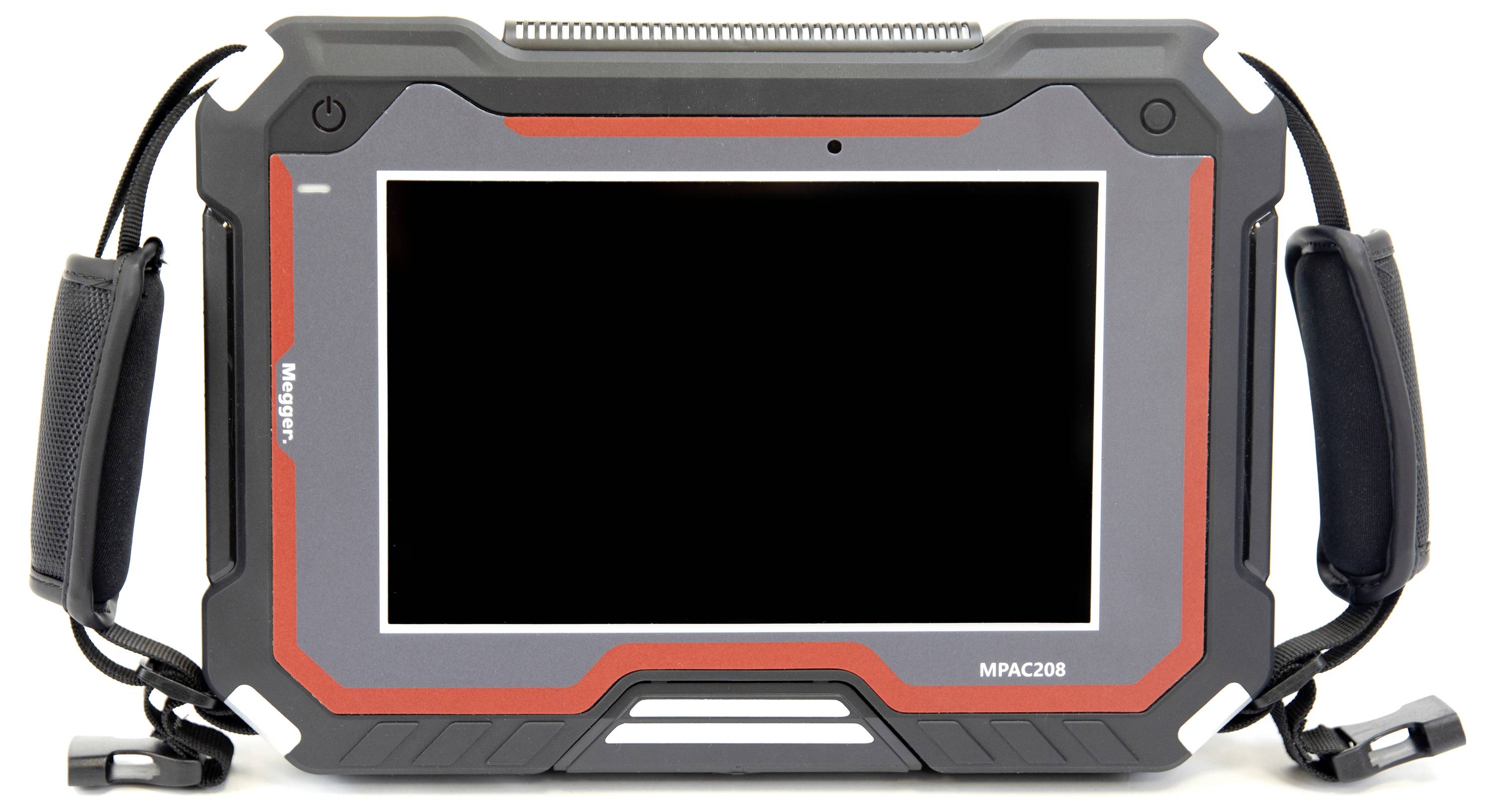'Tough, rugged tablet device with protective casing and carrying straps, front view. Model name MPAC208 visible on the lower right.'