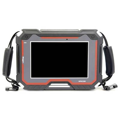 'Tough, rugged tablet device with protective casing and carrying straps, front view. Model name MPAC208 visible on the lower right.'