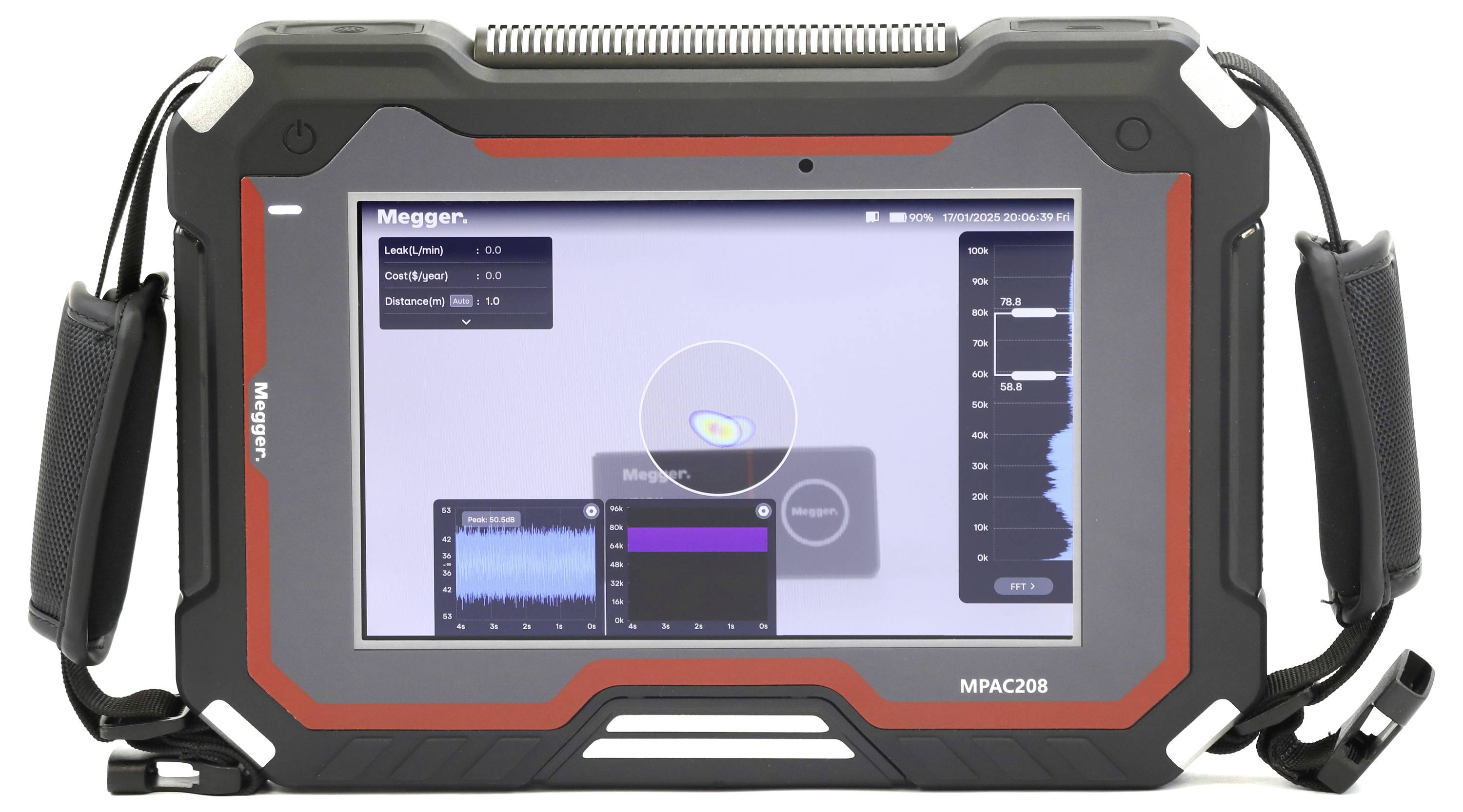 A rugged handheld device displaying data graphs with a focus on power analysis results. Heavy-duty design with side handles.