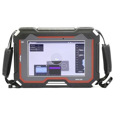 A rugged handheld device displaying data graphs with a focus on power analysis results. Heavy-duty design with side handles.