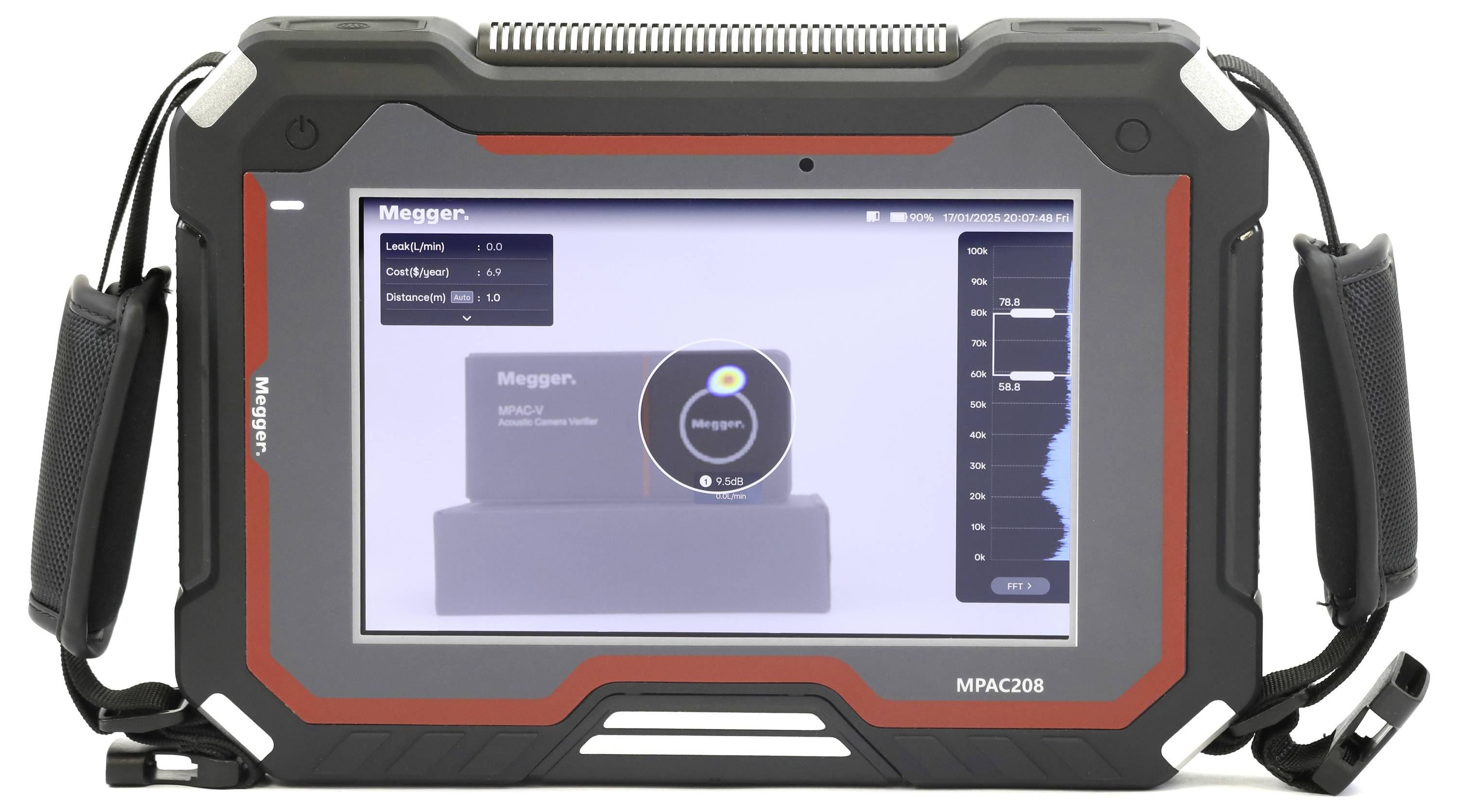A rugged handheld device displays electrical measurement data on its screen, including lead resistance and conductance values.