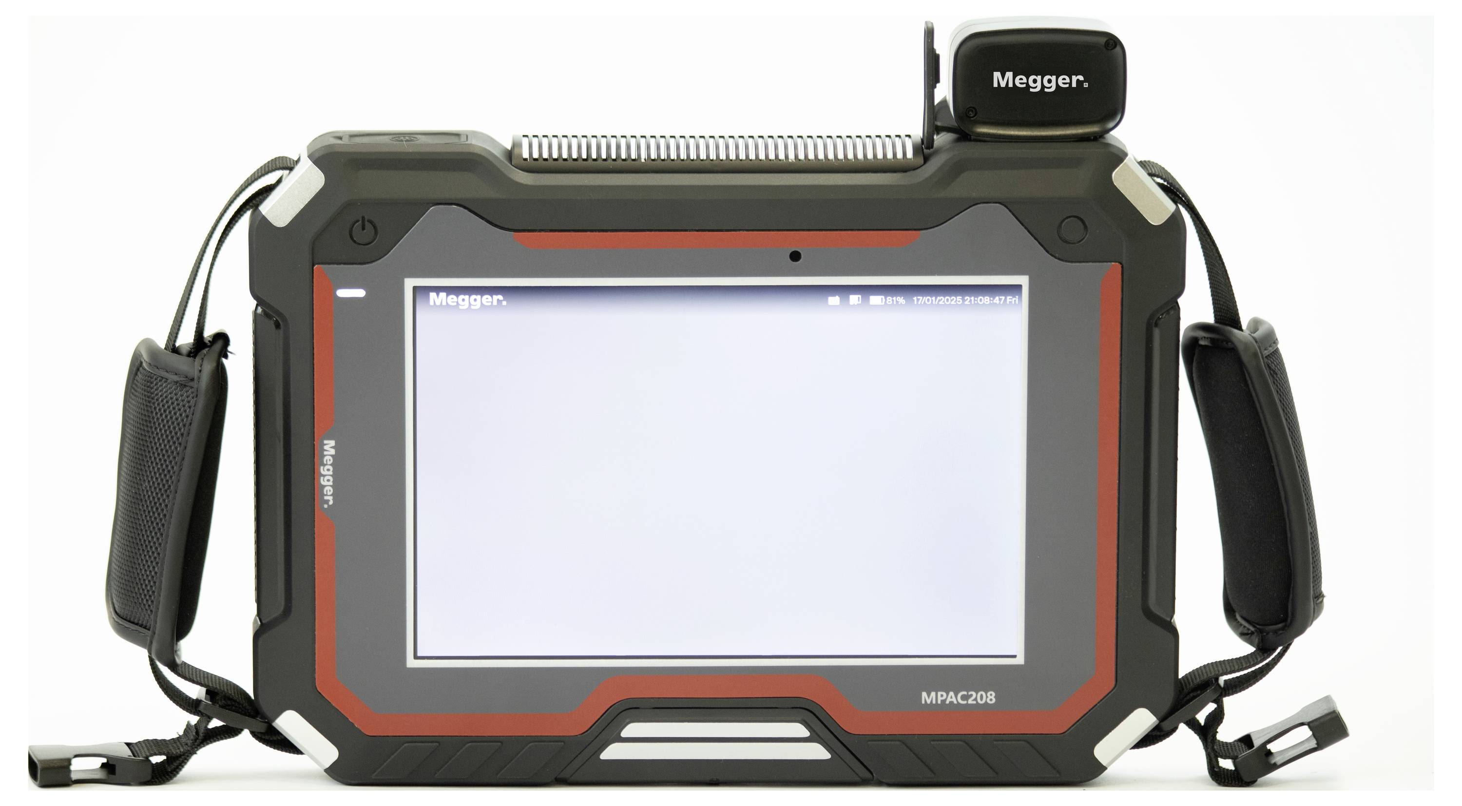 Handheld device with a screen, labeled 'Megger', used for testing and diagnostics, featuring a rugged design with side grips.