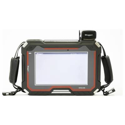 Handheld device with a screen, labeled 'Megger', used for testing and diagnostics, featuring a rugged design with side grips.