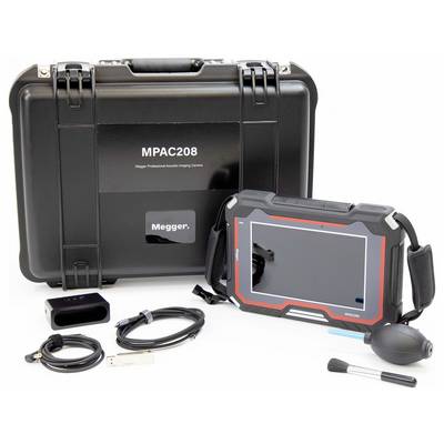 'Megger Professional Acoustic Imaging Camera MPAC208' kit with a black protective case, tablet, cables, USB, and accessories.