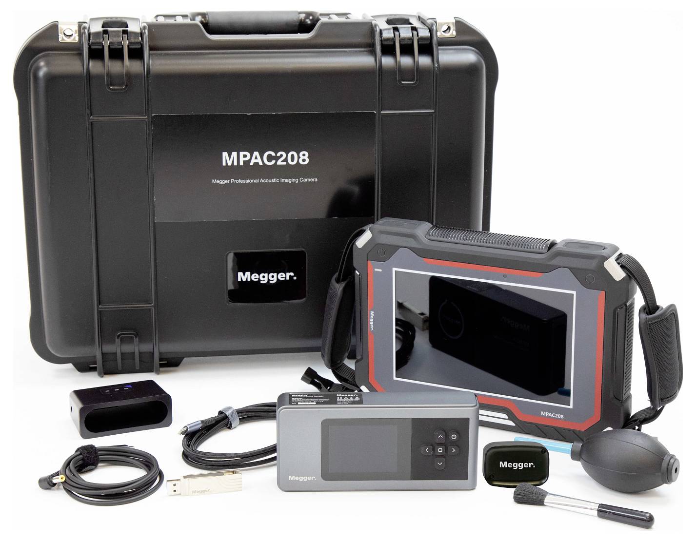 'MPAC208 Megger Professional Acoustic Imaging Camera' kit including display, control unit, cables, and accessories in a case.