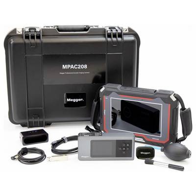 'MPAC208 Megger Professional Acoustic Imaging Camera' kit including display, control unit, cables, and accessories in a case.