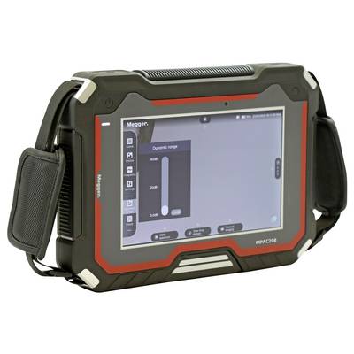 'Portable electronic device with a touchscreen displaying a menu labeled 'Dynamic range'. The device has a rugged black and red casing.'