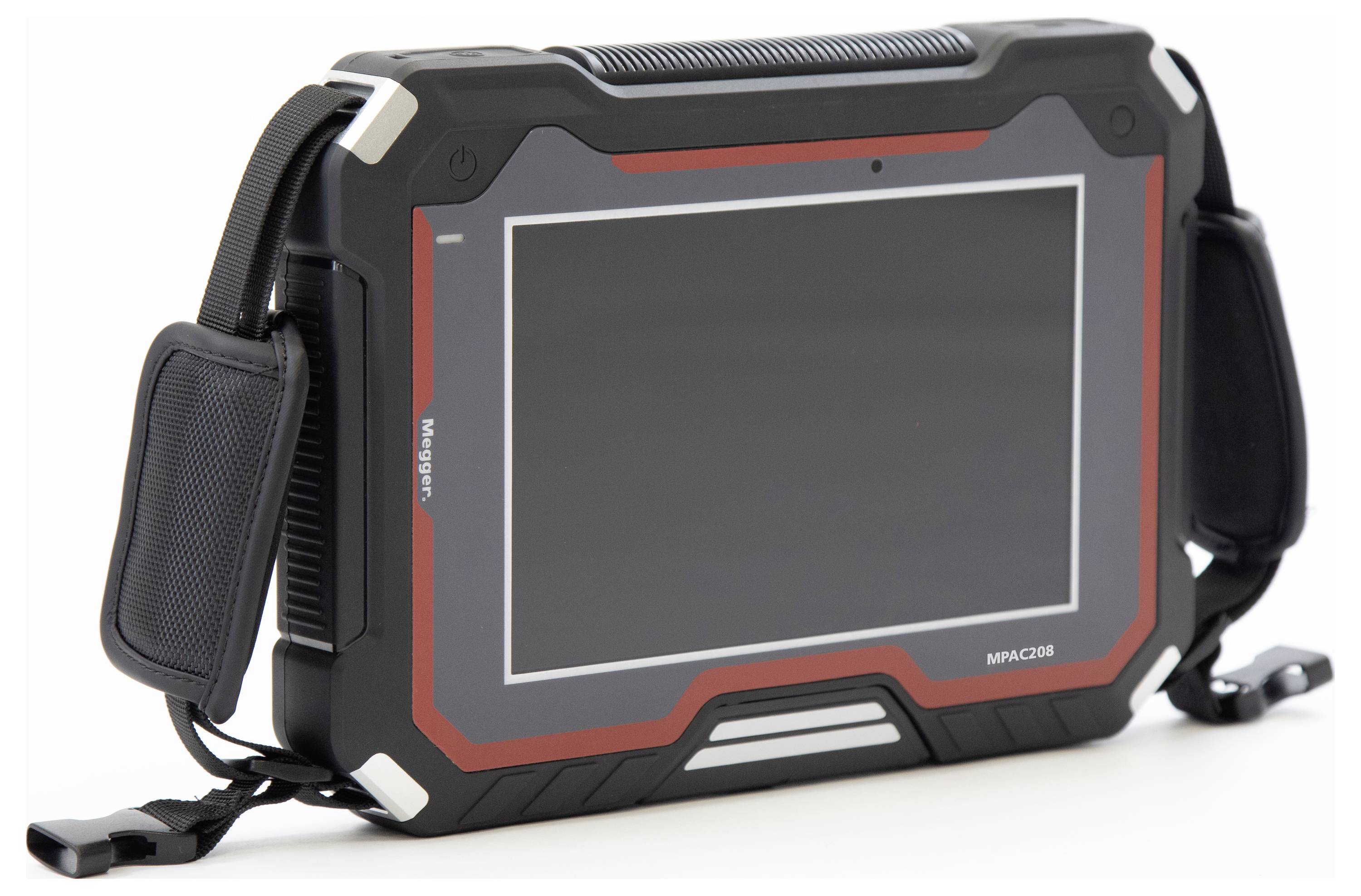 A rugged tablet with a black and red casing, designed for tough environments, featuring a screen and side handles for portability.