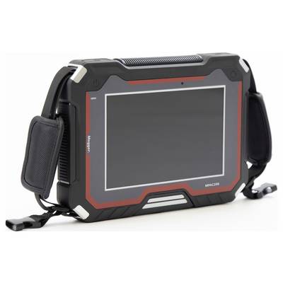 A rugged tablet with a black and red casing, designed for tough environments, featuring a screen and side handles for portability.