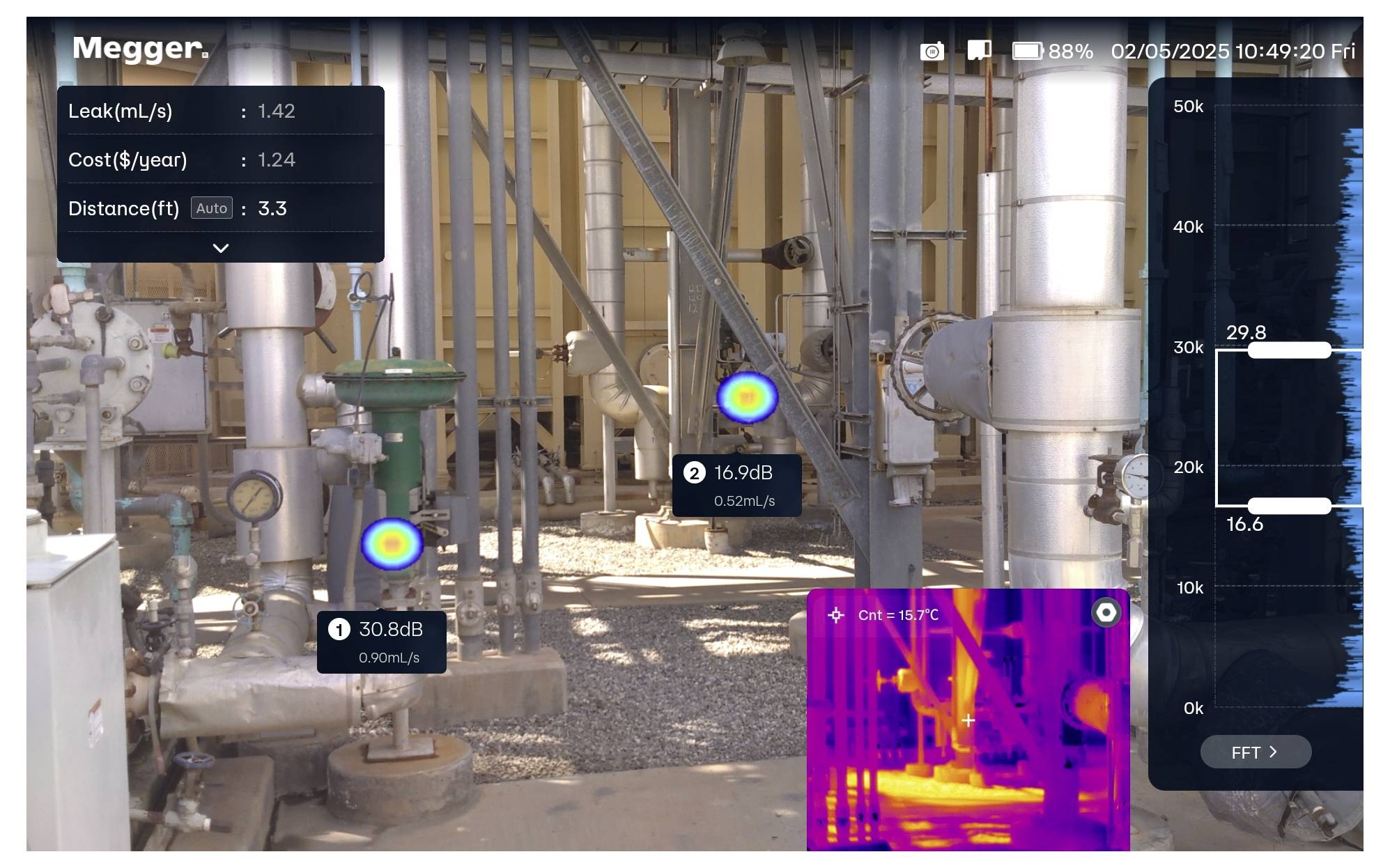 'Image showing an industrial setting with infrared data analysis. Labels indicate leak detection of 1.42 mL/h and cost/savings info. Thermal imaging is displayed.'