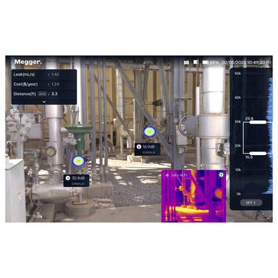 'Image showing an industrial setting with infrared data analysis. Labels indicate leak detection of 1.42 mL/h and cost/savings info. Thermal imaging is displayed.'
